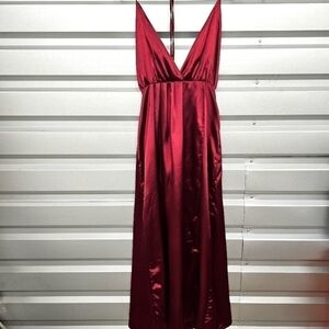 Jeykay Satin Burgandy Halter Maxi Dress